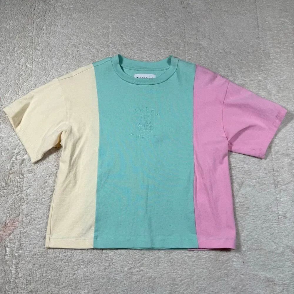 Teddy Fresh Box Crop Top Shirt Womens Green Pastel Color Block Striped